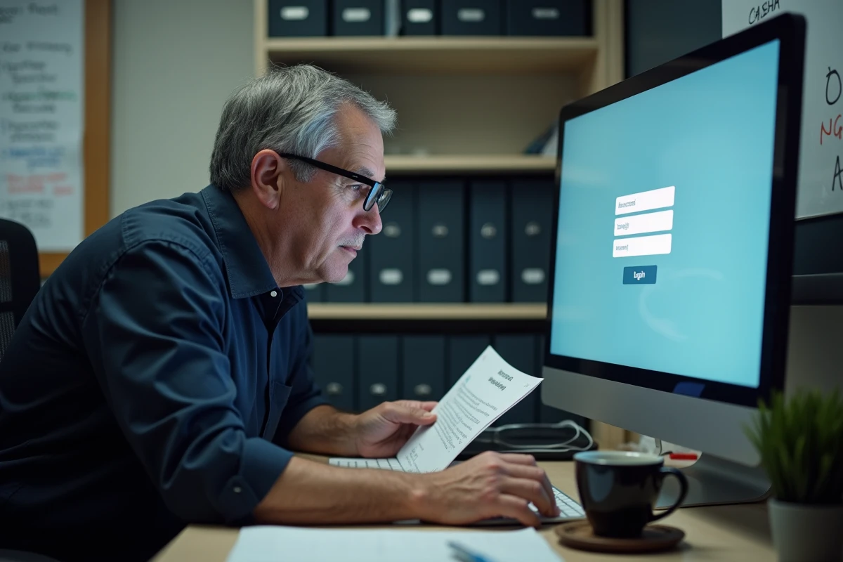 Administrateur vérifiant les réglages de connexion au portail Medisys sur un ordinateur de bureau