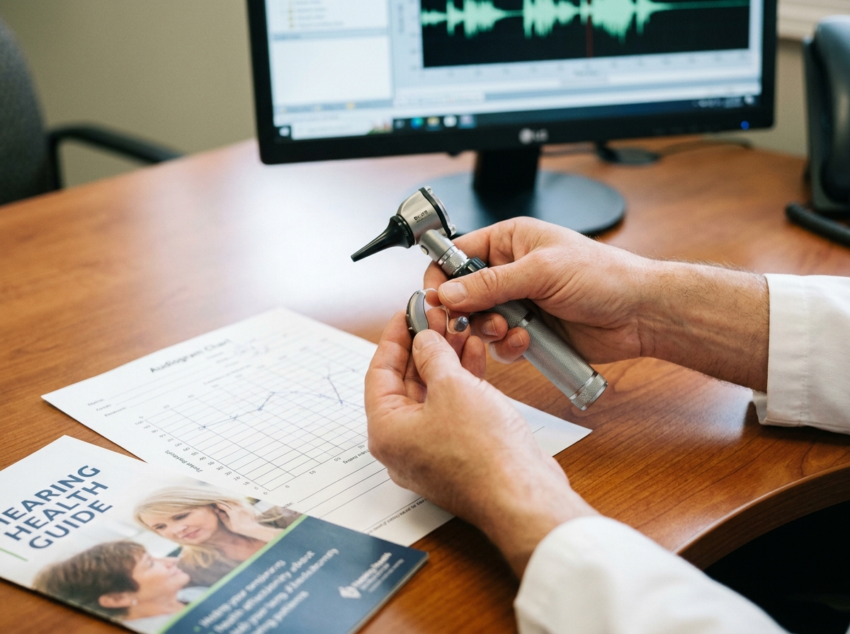 Audioprothésiste tenant une aide auditive et un audiogramme sur un bureau en bois