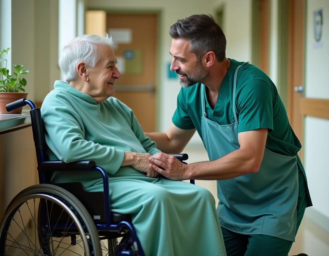 Aide-soignant ajustant la couverture d'un patient en fauteuil roulant dans un couloir d'EHPAD, relation de soin bienveillante et accompagnement pratique