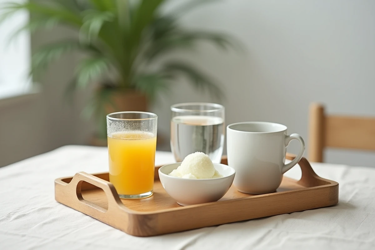 Plateau de régime liquide végétarien autorisé avant coloscopie avec jus de pomme et gelée blanche