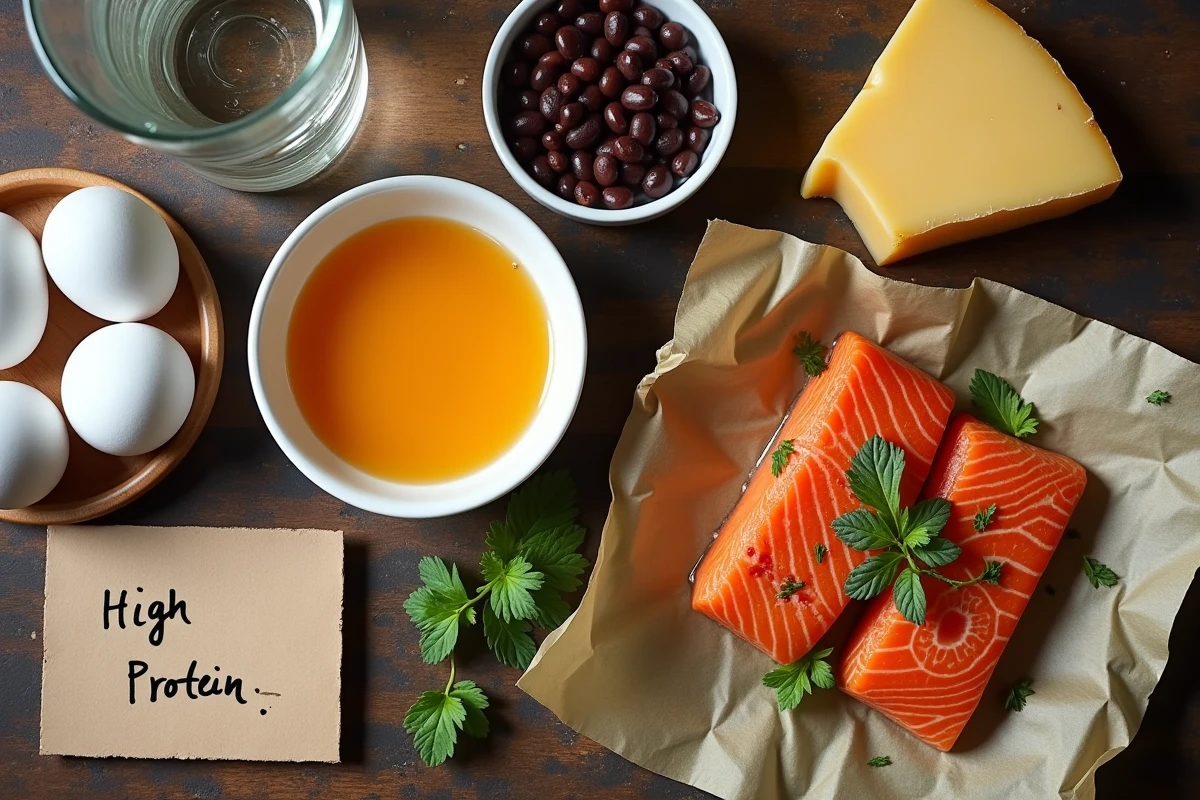 Vue aérienne d'aliments riches en protéines comme les œufs, le saumon et les légumineuses, associés aux odeurs de flatulences soufrées dans le cadre d'un régime hyperprotéiné