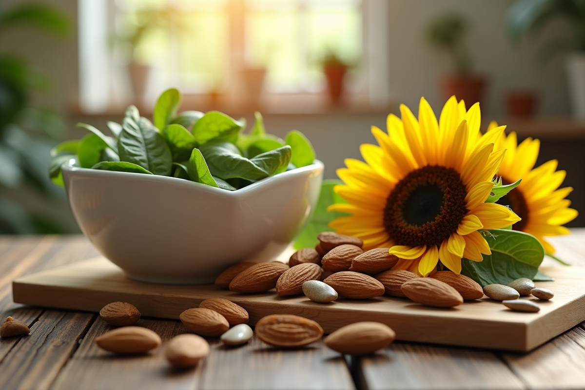Aliments riches en vitamine E comme amandes et épinards sur une table