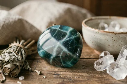 Pierre amazonite polie aux reflets bleu-vert posée sur bois avec sauge séchée et cristaux de quartz pour purification
