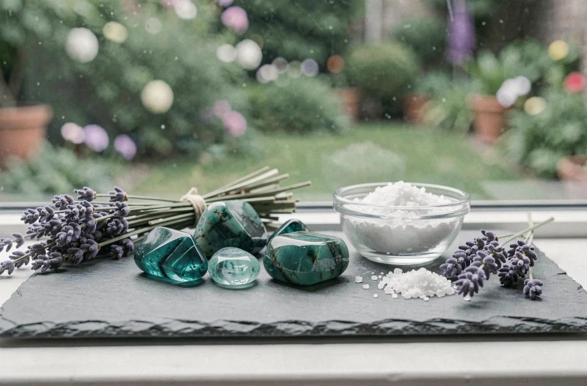 Plusieurs pierres amazonite disposées sur ardoise avec sel marin et lavande séchée pour un rituel de purification naturel près d'une fenêtre