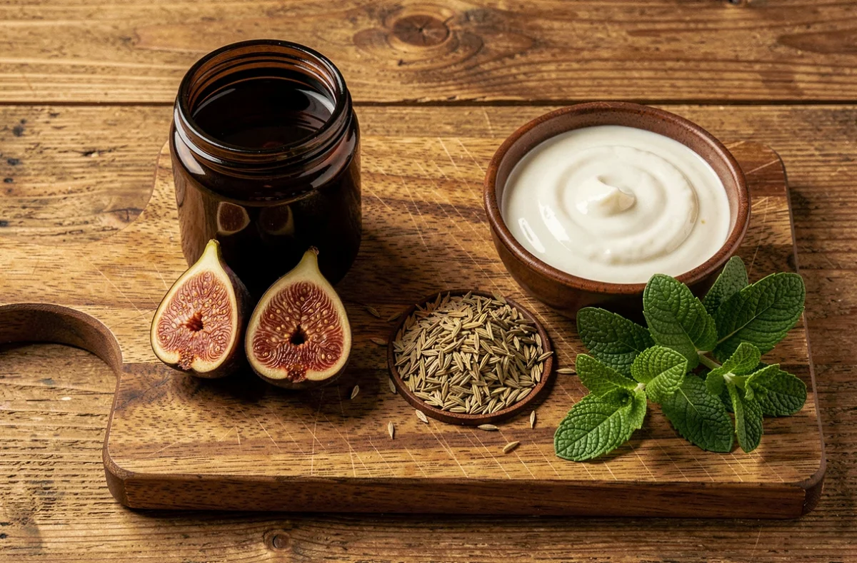 Arrangement flat lay d'un flacon Amoseeds entouré de figues, de graines de fenouil, de menthe fraîche et de kéfir sur une planche en bois.