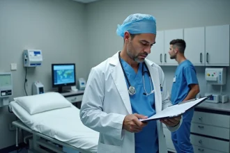 Anesthésiste consultant le dossier médical d'un patient avant une opération chirurgicale