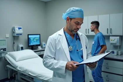 Anesthésiste consultant le dossier médical d'un patient avant une opération chirurgicale