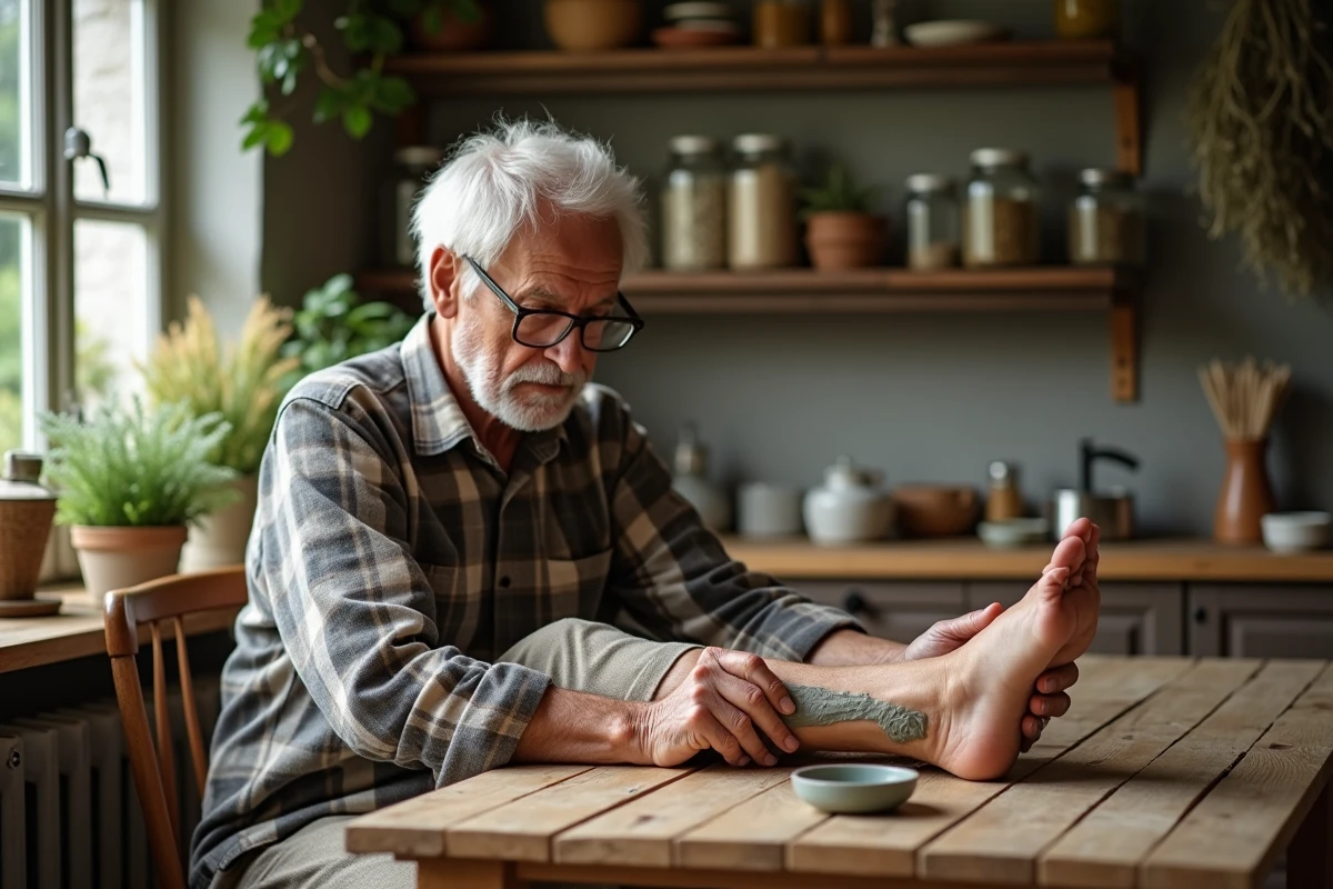 Homme âgé appliquant un cataplasme à la maison