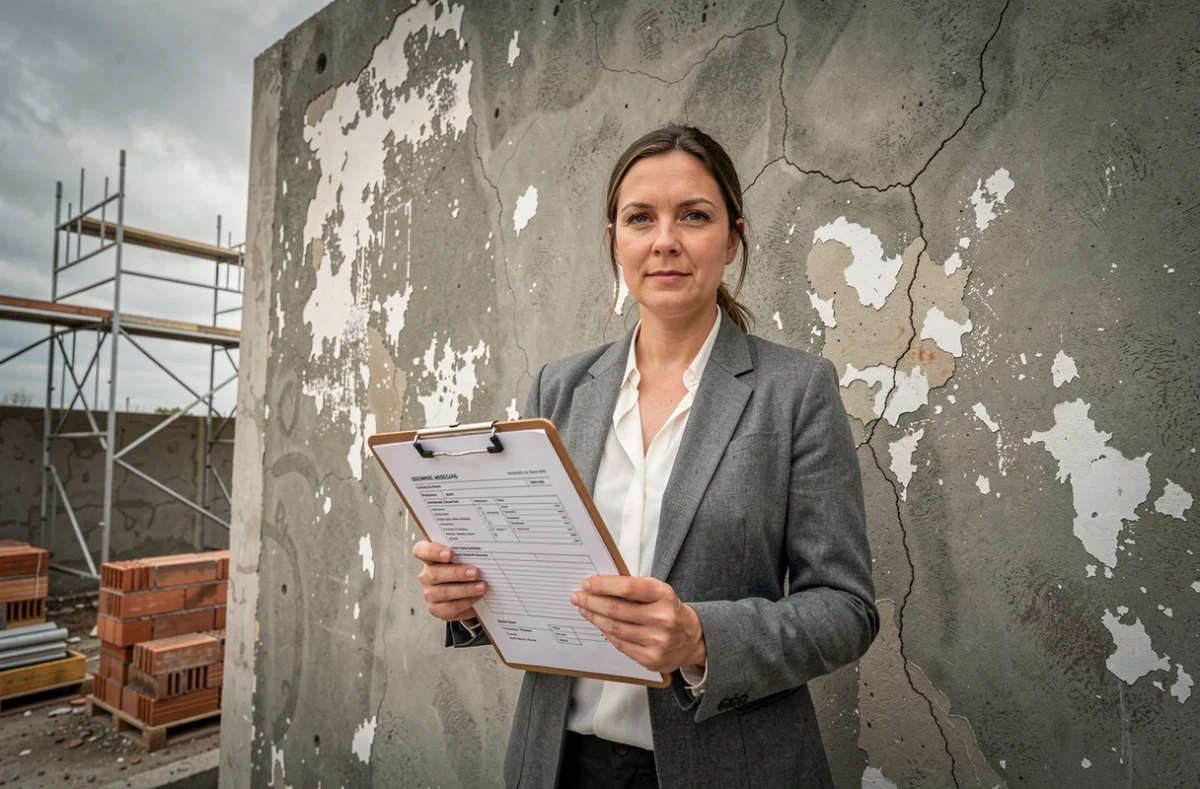 Architecte féminine inspectant des fissures dans un mur de construction avec des documents d'assurance décennale