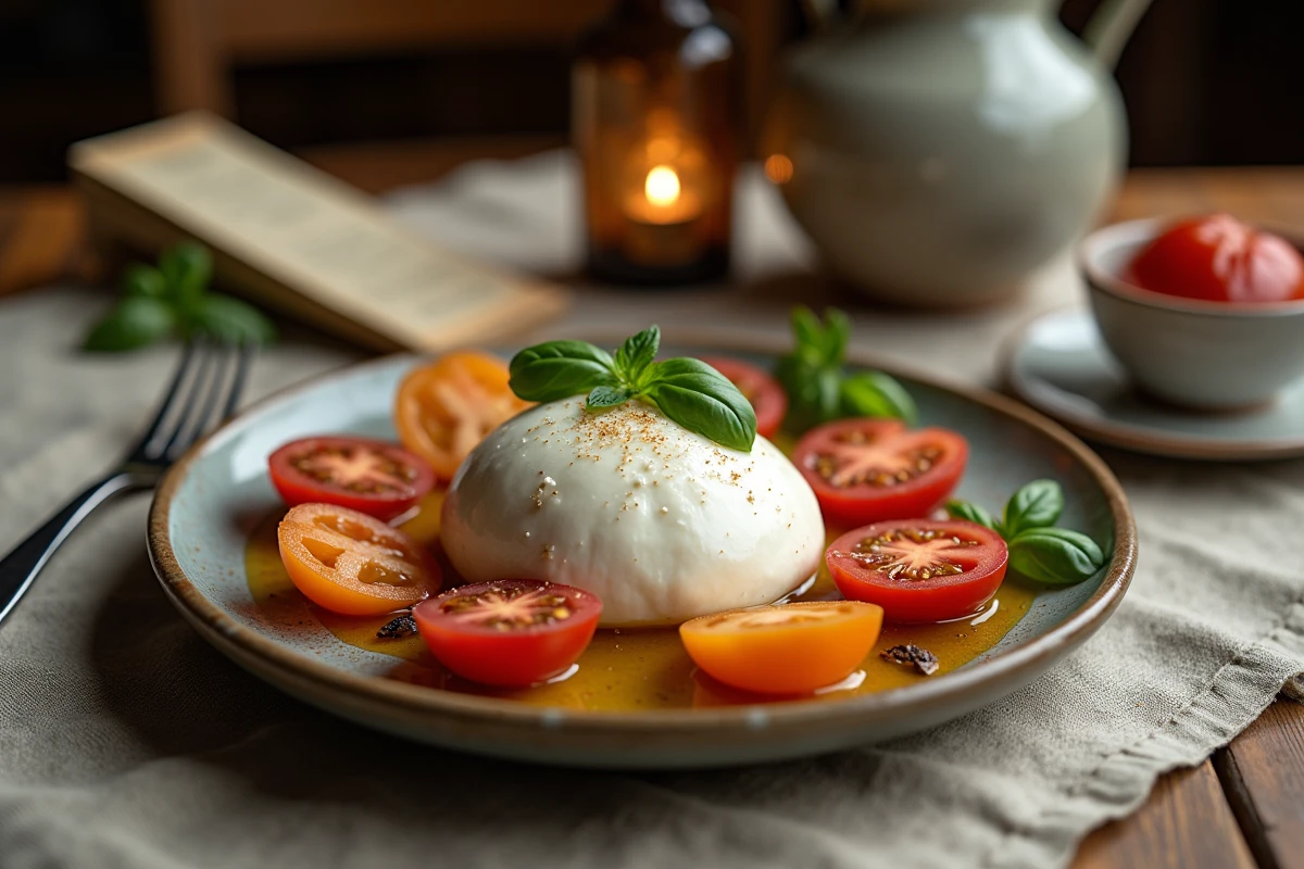 Assiette de mozzarella di bufala fraîche avec tomates et basilic dans un restaurant italien, vue de dessus