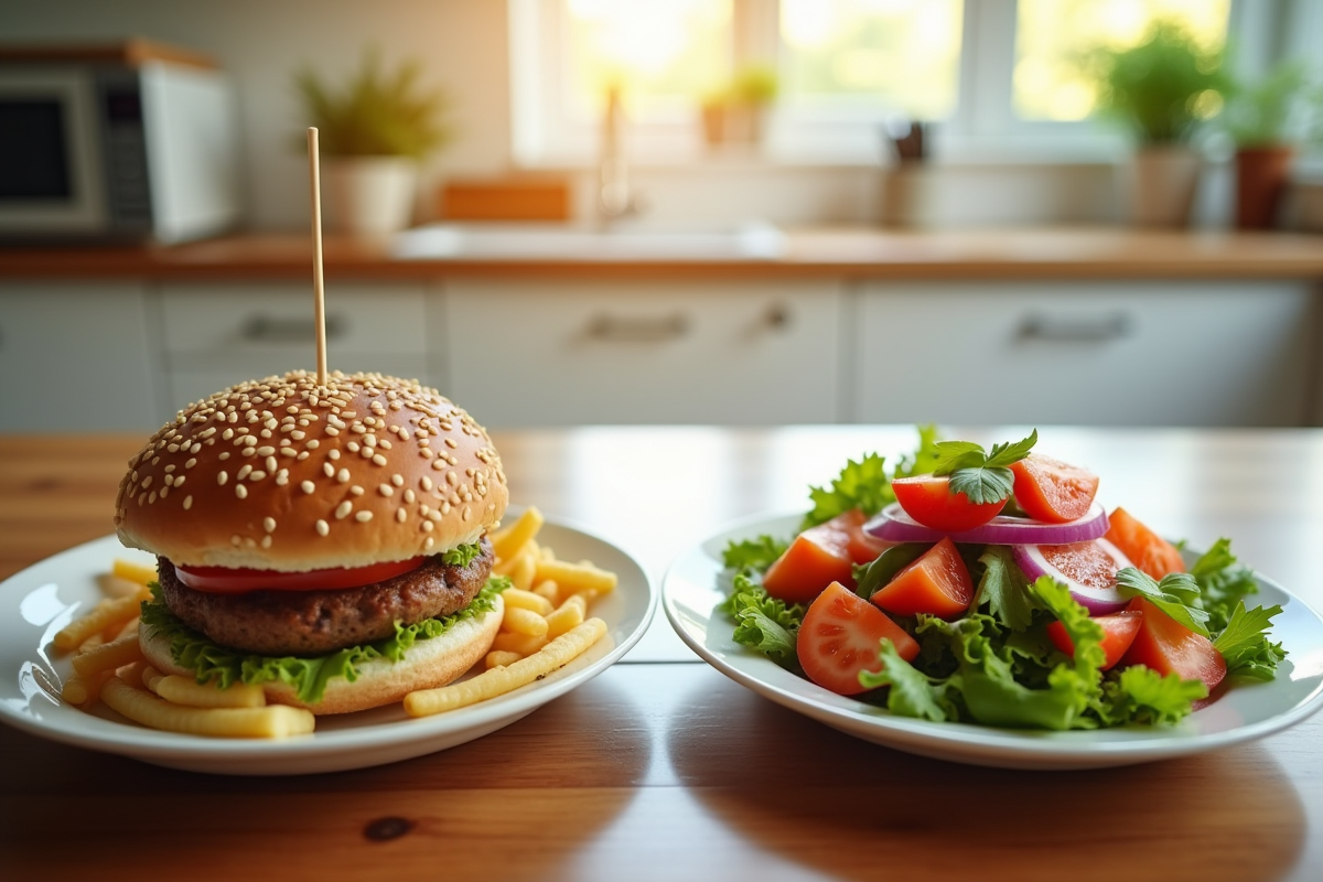 Deux assiettes avec salade colorée et fastfood sur une table en bois