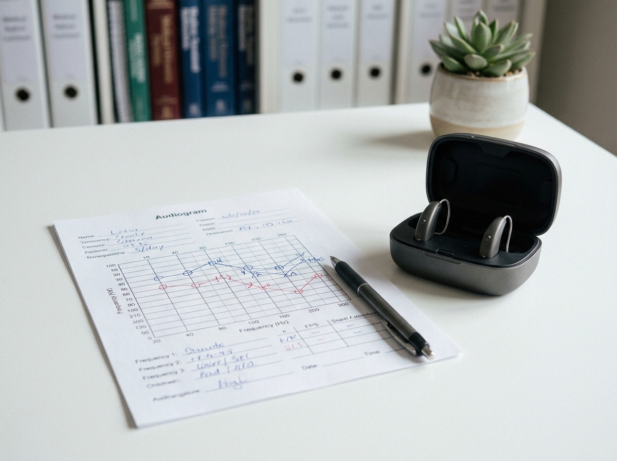 Audiogramme imprimé posé sur un bureau avec deux aides auditives, résultat d'un bilan auditif complet