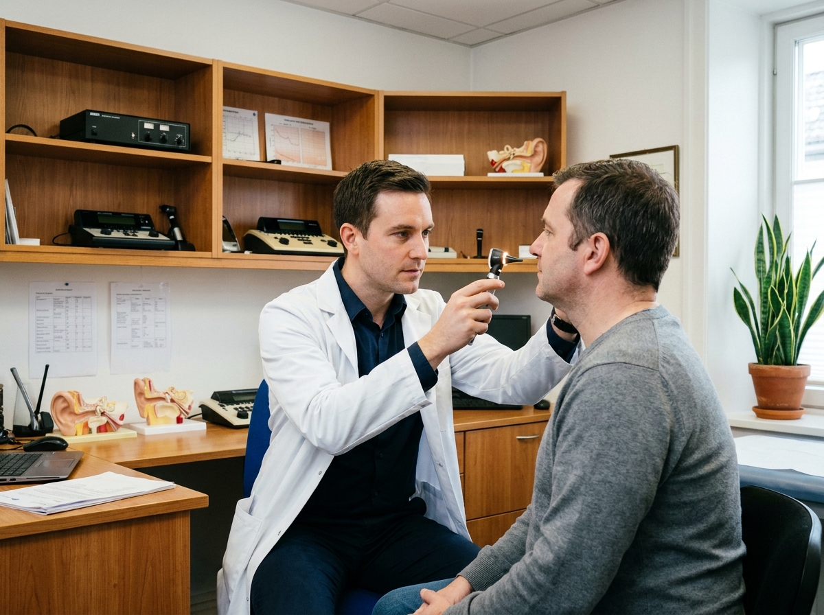 Audiologiste examinant l'oreille d'un patient adulte avec un otoscope lors d'un bilan auditif en cabinet