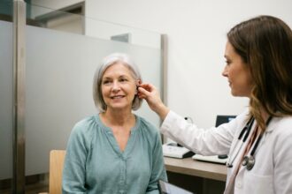 Femme âgée lors d'un bilan auditif avec une audiologiste en cabinet médical