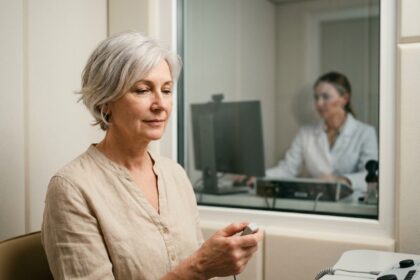Femme senior réalisant un bilan auditif dans une cabine audiologique moderne, bouton de réponse à la main