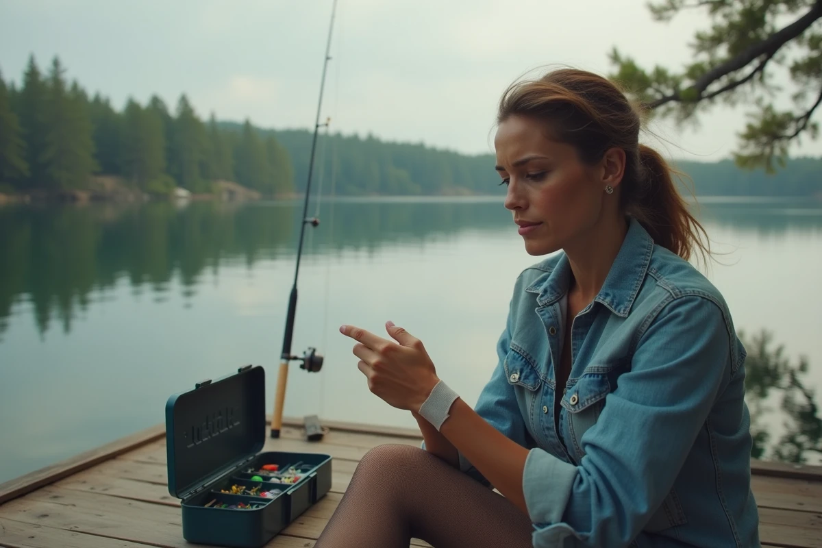 Femme pêcheuse examinant son doigt blessé par une morsure de brochet sur un ponton en bois au bord d'un lac
