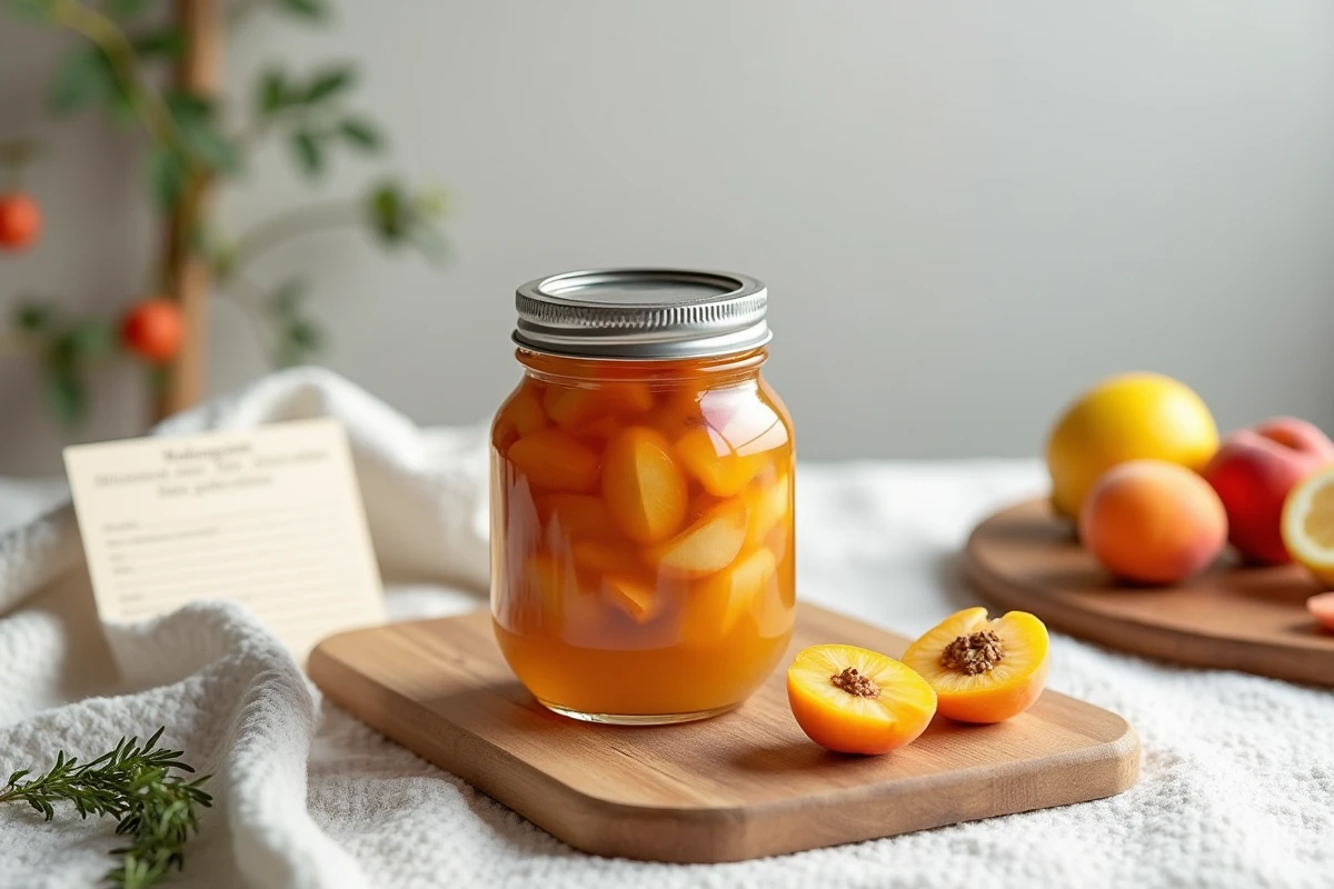 Bocal en verre de compote maison aux abricots et pruneaux pour lutter contre la constipation, accompagné d'une fiche recette
