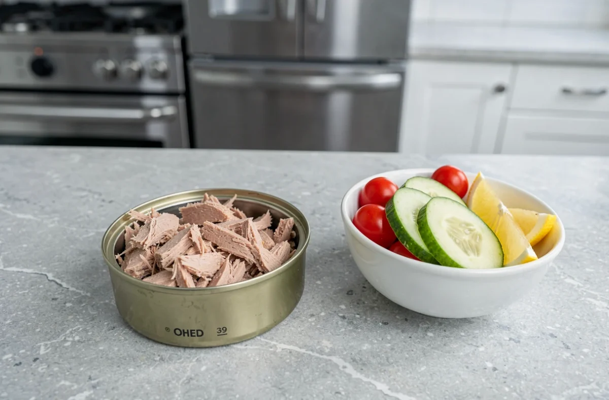 Boîte de thon ouverte avec des ingrédients de salade saine pour femme enceinte