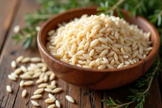 Bol en bois rempli de riz complet cru sur un comptoir en chêne rustique, grains de riz brun détaillés aux bienfaits cardiovasculaires