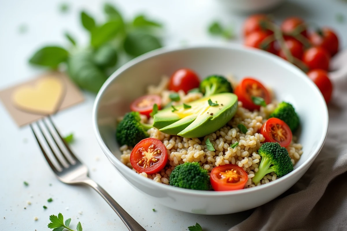 Bol de riz complet cuisiné avec légumes avocats et tomates cerises pour un repas sain bon pour le cœur