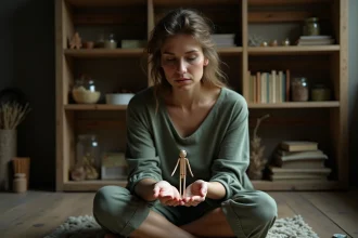 Femme tenant une figurine en allumettes dans sa main, associée au concept du bonhomme allumette et au danger karmique ésotérique