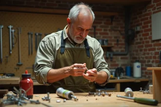Bricoleur avec de la colle forte collée sur les doigts dans un atelier de travail