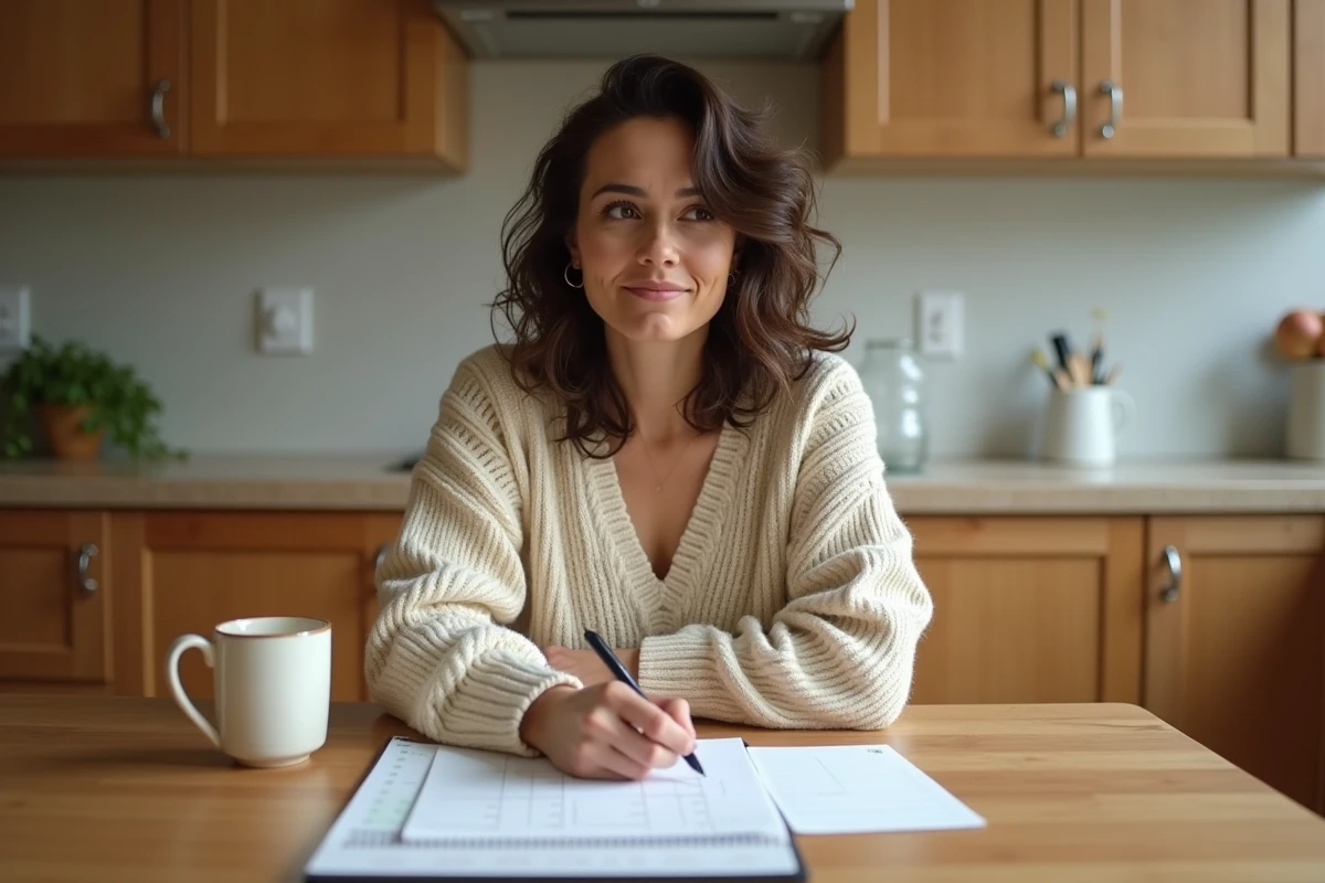 Femme consultant un calendrier menstruel &agrave; la table de cuisine pour suivre son cycle en cas de retard de r&egrave;gles