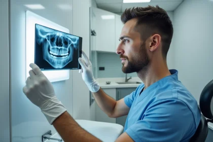 Chirurgien dentiste analysant une radiographie dentaire dans une salle de consultation moderne, illustrant les risques d'une chirurgie dentaire