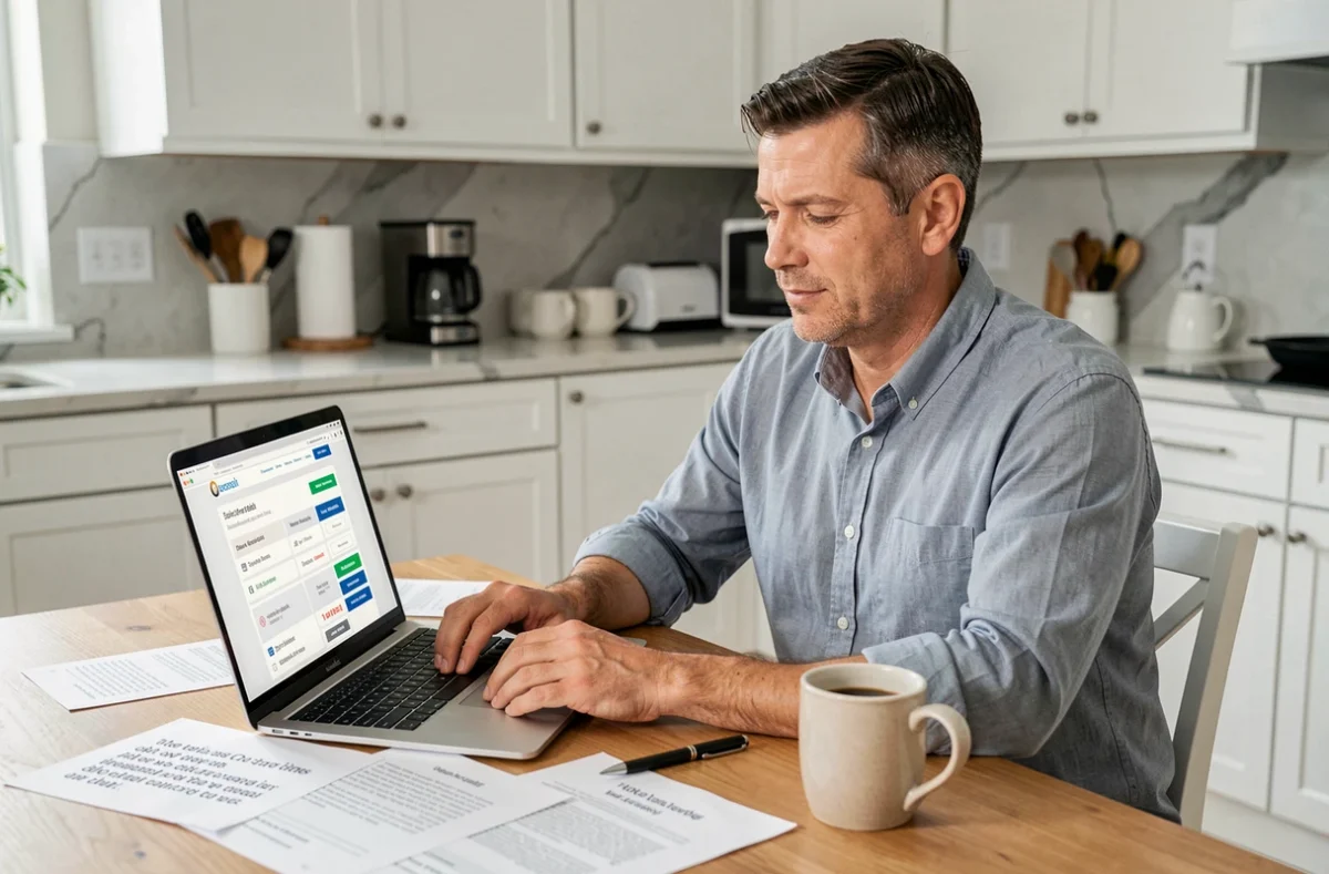 Homme comparant des offres d'assurance emprunteur en ligne depuis chez lui