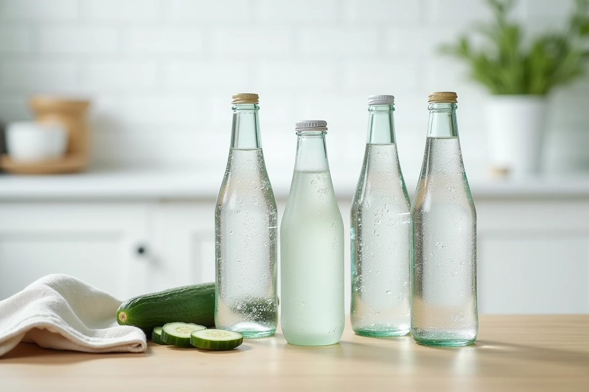 Comparaison de bouteilles d'eau minérale sur un plan de travail en bois, avec étiquettes nutritionnelles visibles, pour choisir la meilleure eau pour les reins pendant la grossesse