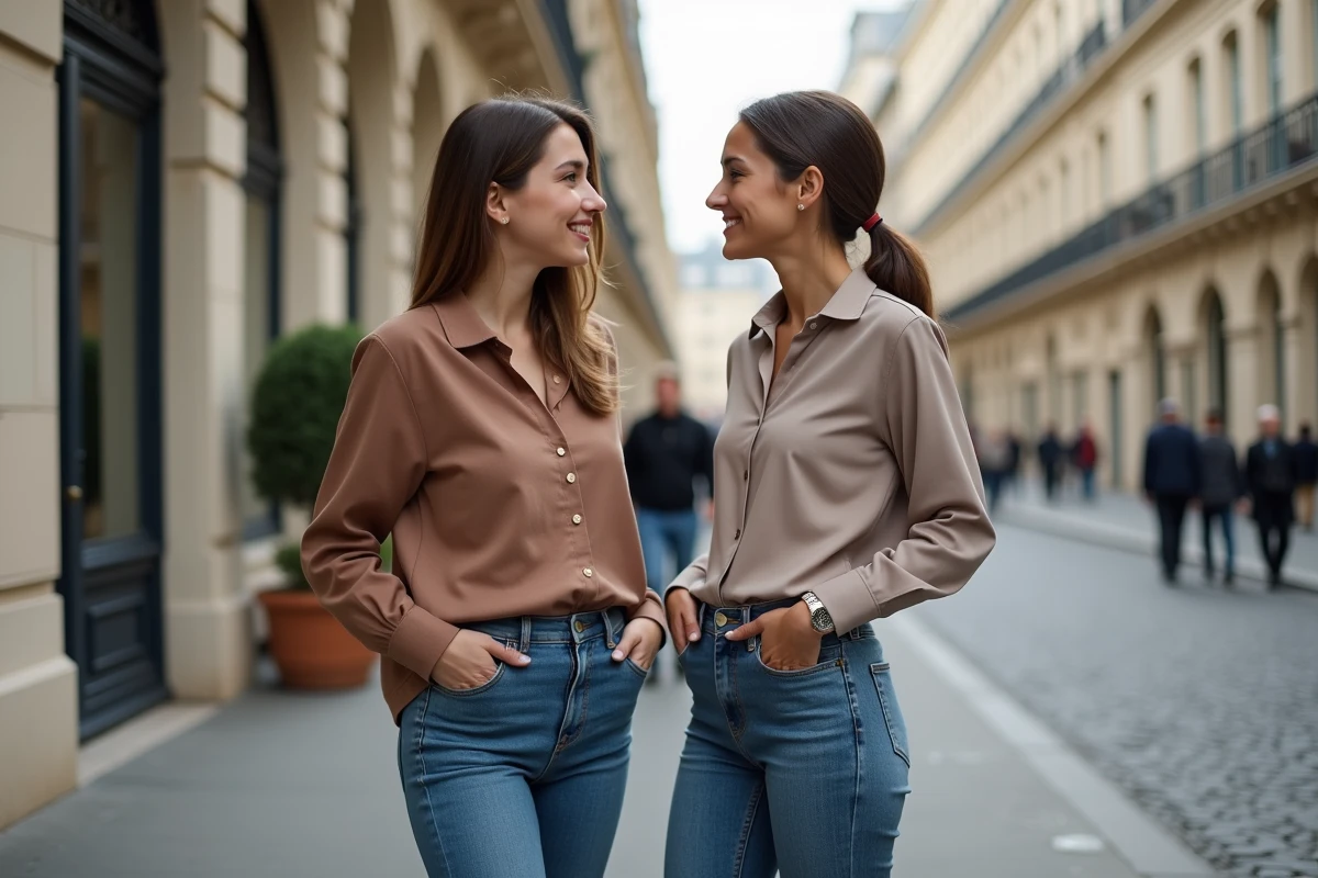 Comparaison de taille entre deux femmes dans une rue parisienne, illustrant les variations de stature féminine en France