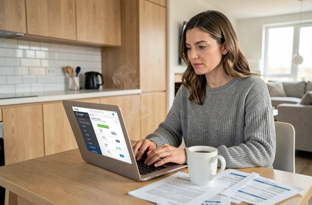 Une femme de 35 ans compare les taux d'assurance emprunteur en ligne depuis son domicile avec un ordinateur portable