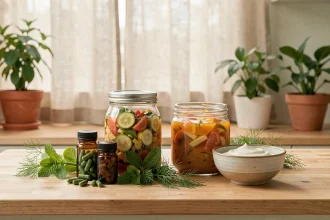 Vue d'ensemble d'une table en bois avec des compléments alimentaires bio pour la digestion et le microbiote, incluant des bocaux de ferments, des plantes fraîches et des flacons de probiotiques.