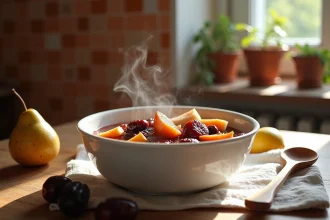 Bol de compote maison aux pruneaux et poires pour stimuler le transit intestinal, servi sur un plan de travail en bois rustique