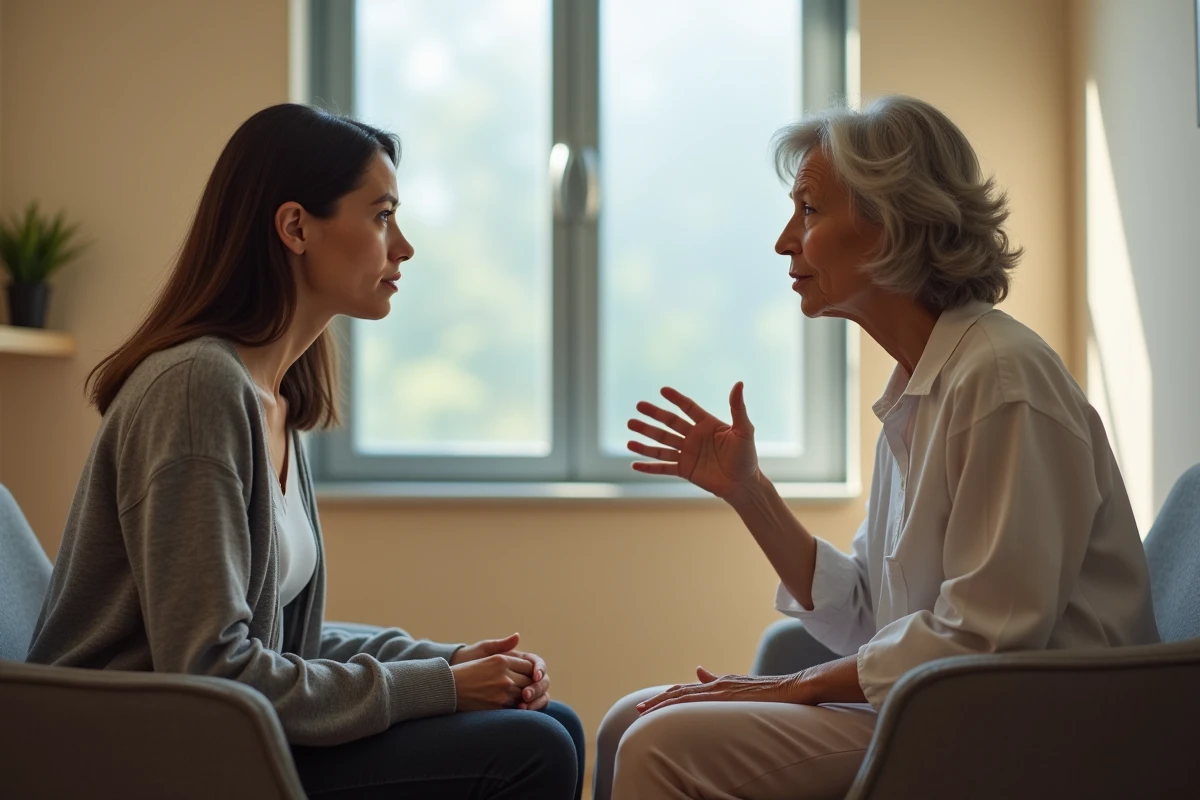 Confrontation entre deux femmes illustrant la relation de pouvoir et la manipulation dans un contexte de perversion narcissique familiale
