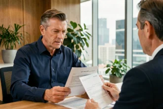 Un homme de 45 ans consulte un conseiller financier au sujet de son assurance emprunteur dans une agence bancaire moderne