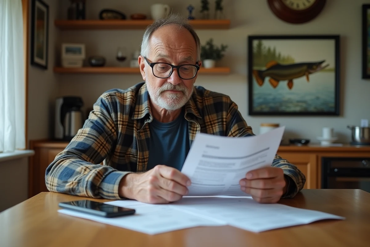 Pêcheur consultant ses documents d'assurance à la maison après une morsure de brochet, vérifiant sa couverture