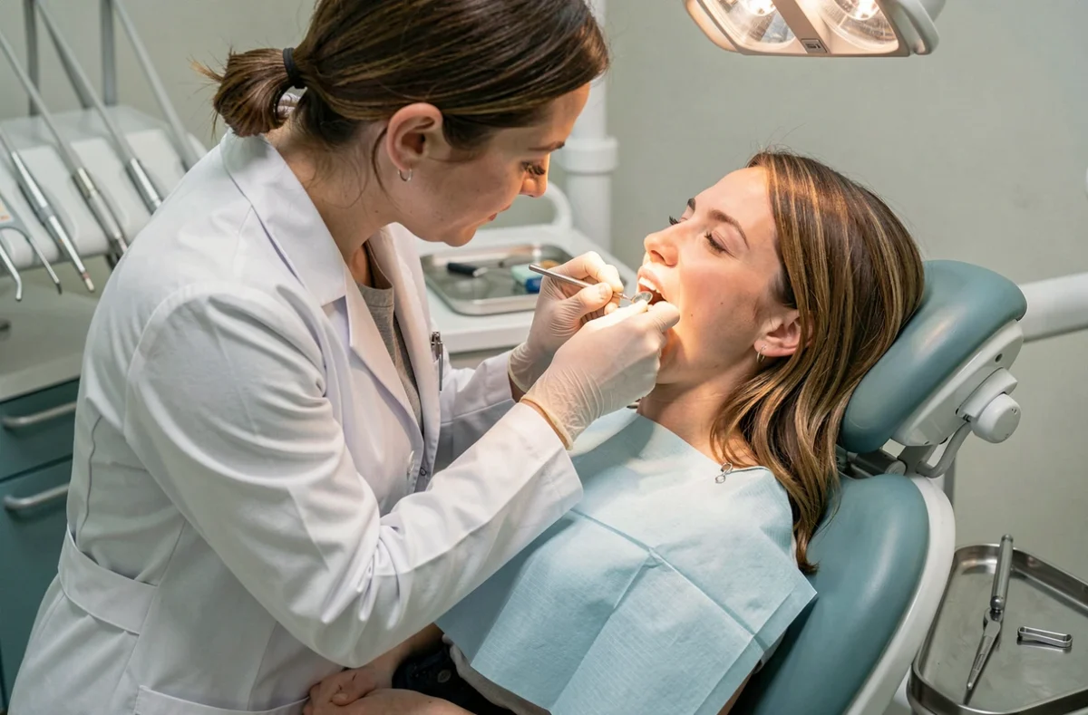 Dentiste examinant la gencive du fond d'une patiente souffrant d'une dent de sagesse enflée en cabinet dentaire