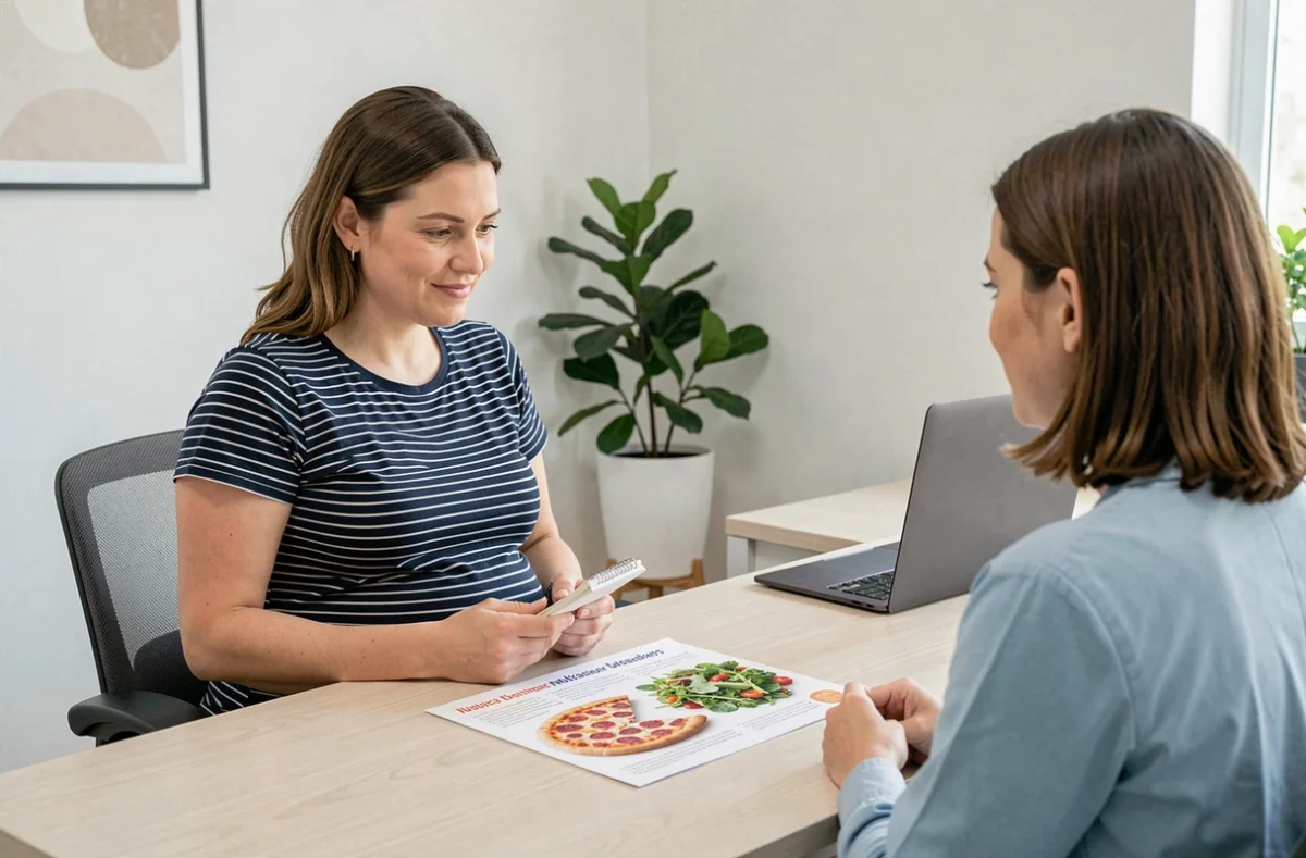 Femme enceinte consultant un professionnel de santé sur les aliments à éviter dont la pizza avec herbes fraîches