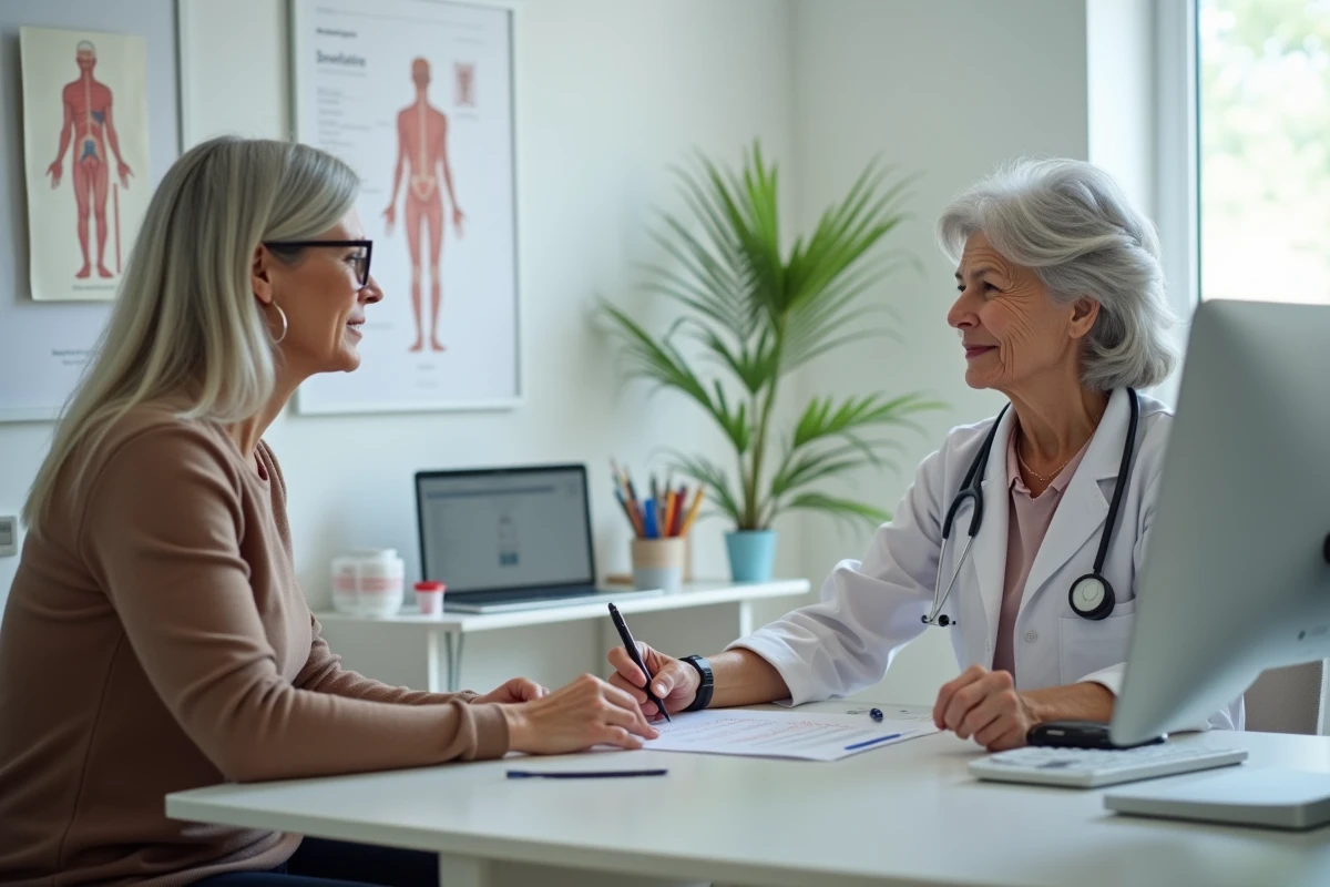 Médecin expliquant les résultats d'analyse de sang DFG à une patiente âgée en consultation