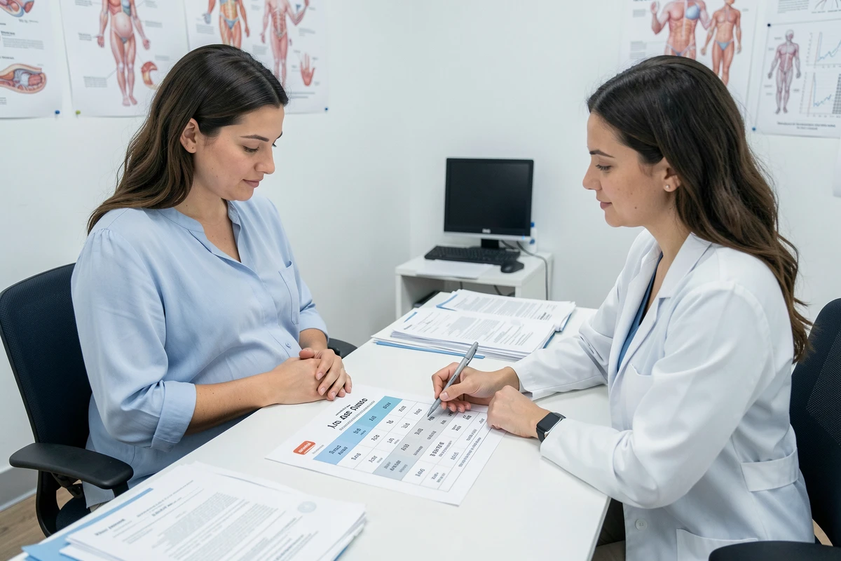 Femme enceinte en consultation médicale avec une gynécologue analysant un tableau de terme de grossesse