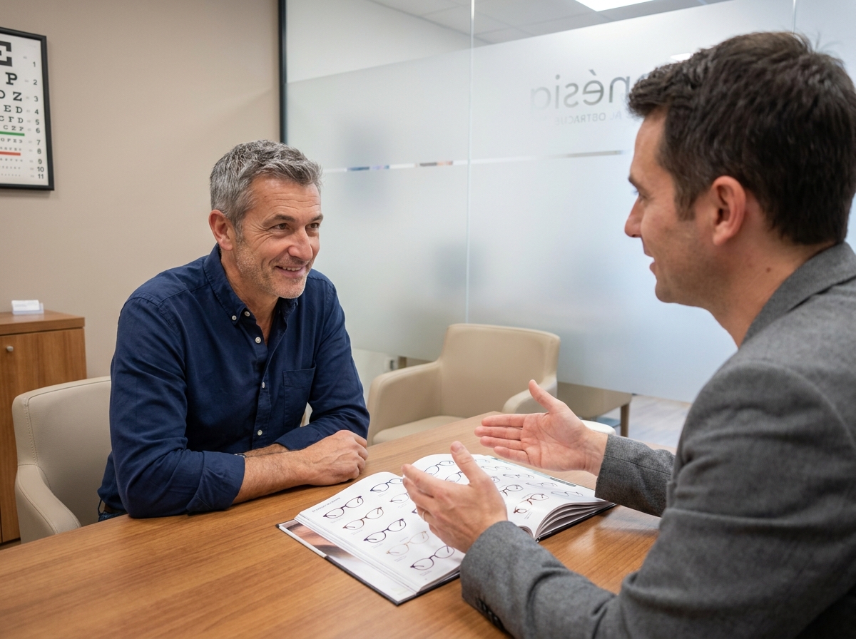 Homme en consultation avec un opticien à Sens, discussion autour du choix de montures de lunettes