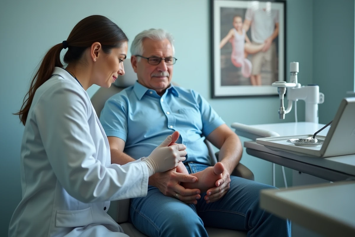 Consultation podologique pour une corne douloureuse sous le pied, praticienne inspectant le talon d'un patient