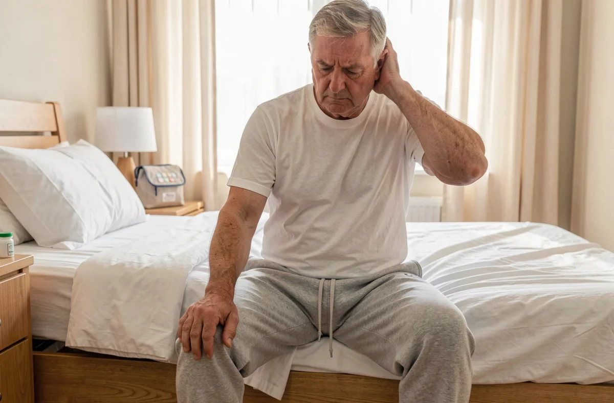 Homme en convalescence à domicile après une intervention chirurgicale lourde sous anesthésie générale, assis sur son lit avec médicaments sur la table de nuit