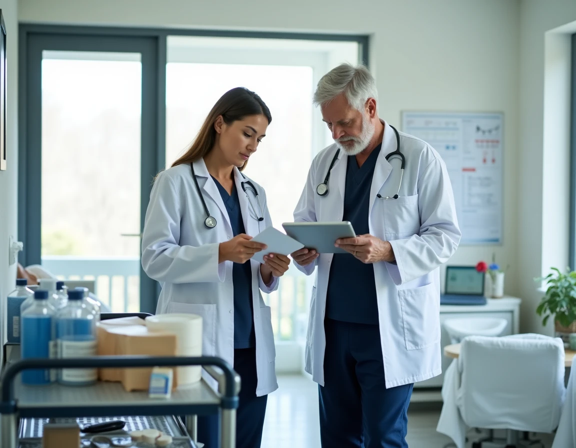 Deux soignants consultant des notes et une tablette autour d'un chariot de soins lors d'une coordination infirmière en salle de pause hospitalière
