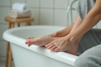 Femme examinant une corne sous le pied dans une salle de bain, peau épaissie visible sur la plante du pied