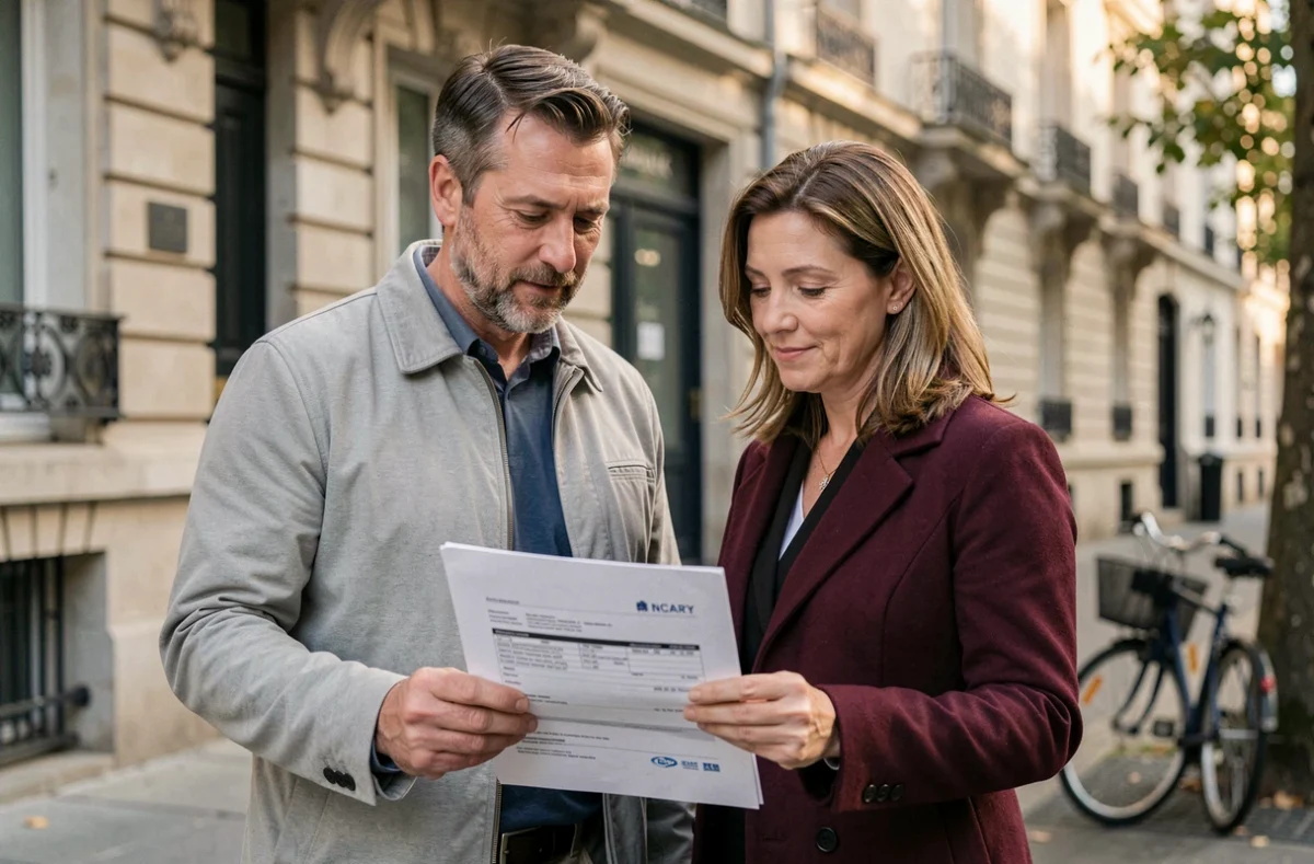 Un couple dans la quarantaine examine des documents d'assurance emprunteur devant une agence immobilière à Paris