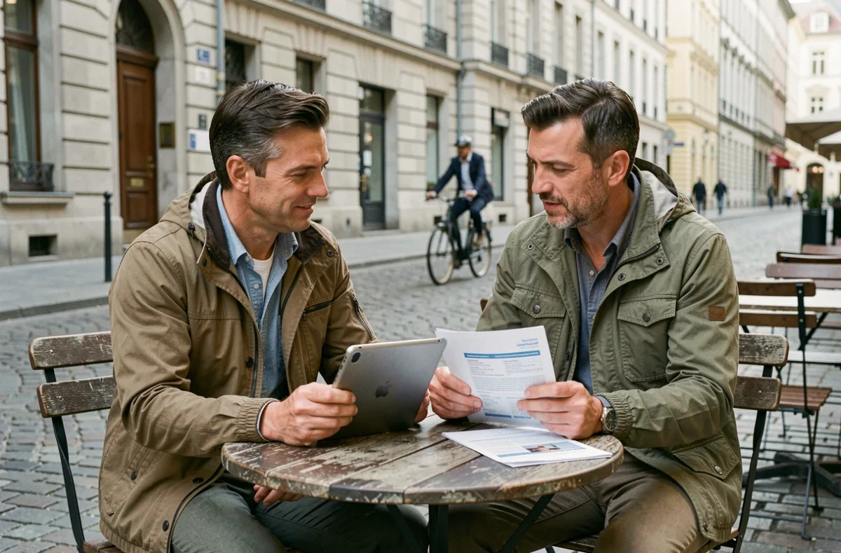 Couple consultant les conditions d'une assurance voyage Visa Platinum dans un café européen