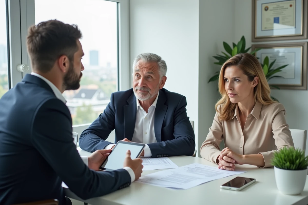 Couple discutant de leur contrat d'assurance ECA avec un conseiller dans un bureau professionnel