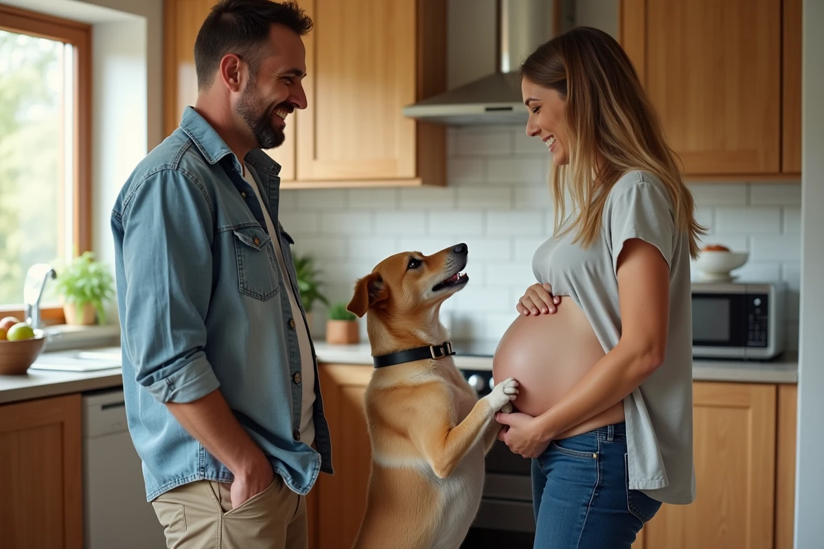 Couple avec chien dans la cuisine en famille